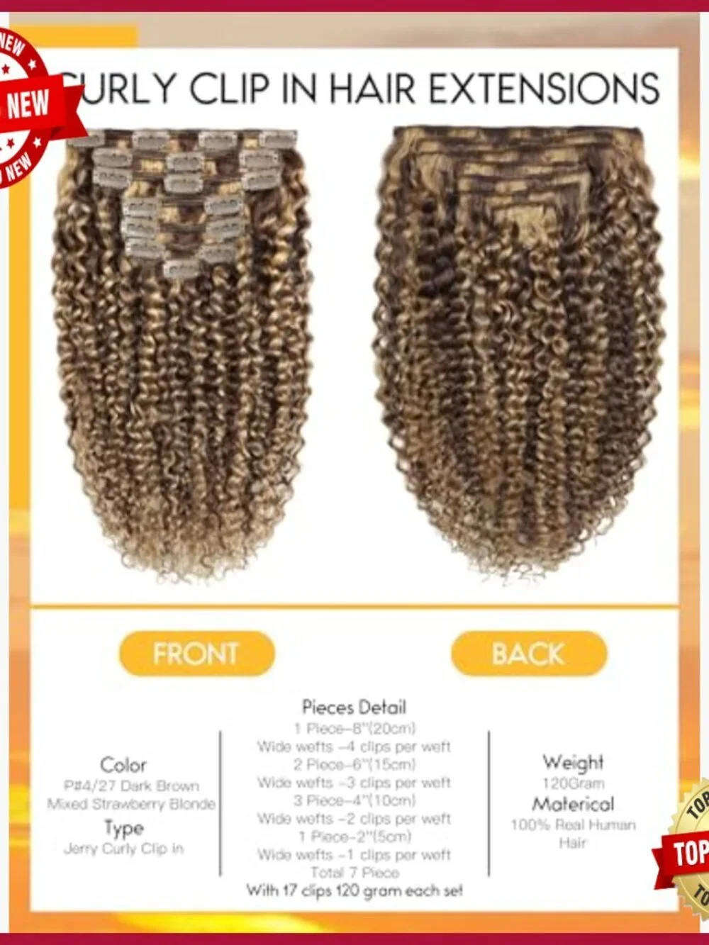 Jerry Curly Clip-In Human Hair Extensions 20 Inch 120g 7 Pieces